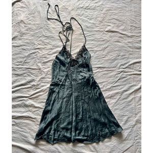 Y2K Teal Blue Silk Slip Dress Lace Rhinestone Trim Open Back Mini Size S